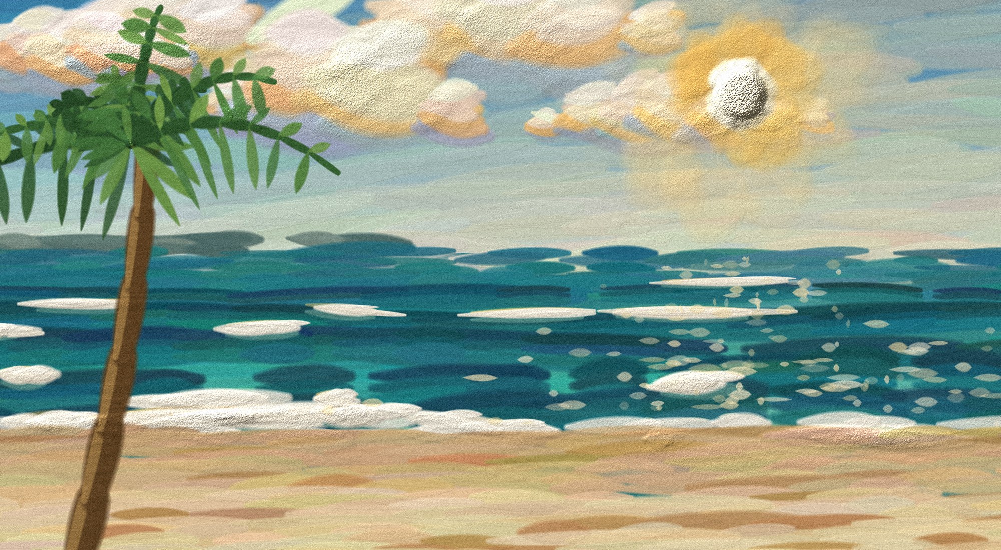 Painting of a beach in late morning light